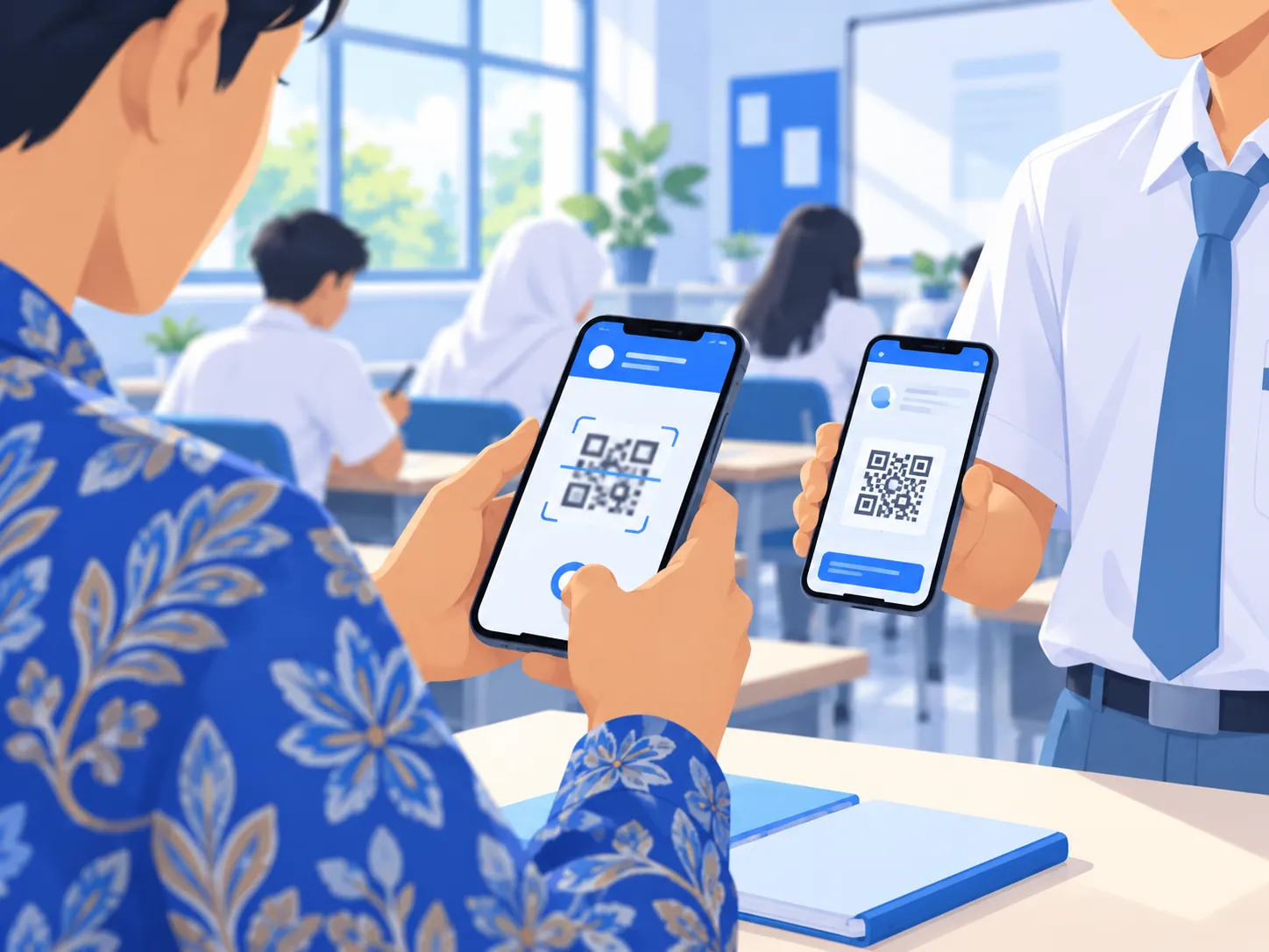 Guru SMKN 2 Magetan memindai kode QR e-JOLA dari ponsel siswa untuk mengonfirmasi jam pelajaran